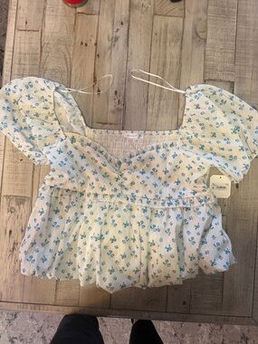 Altar'd State White Top with Blue Floral Puff Sleeves